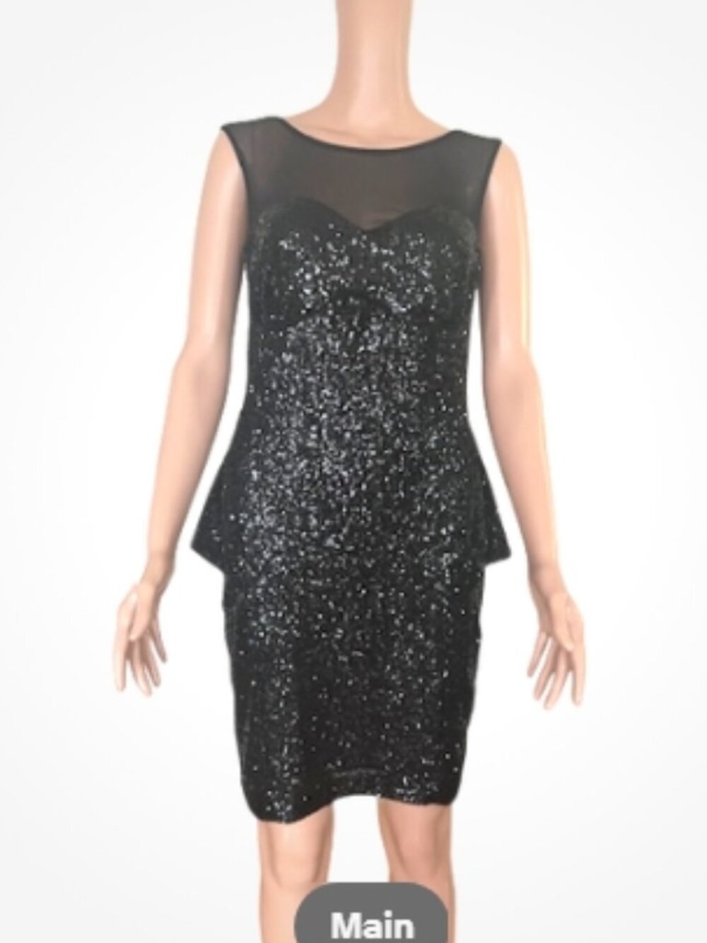 Bebe Black Sequin Peplum Cocktail/Party Dress Sheath Size L *worn once*